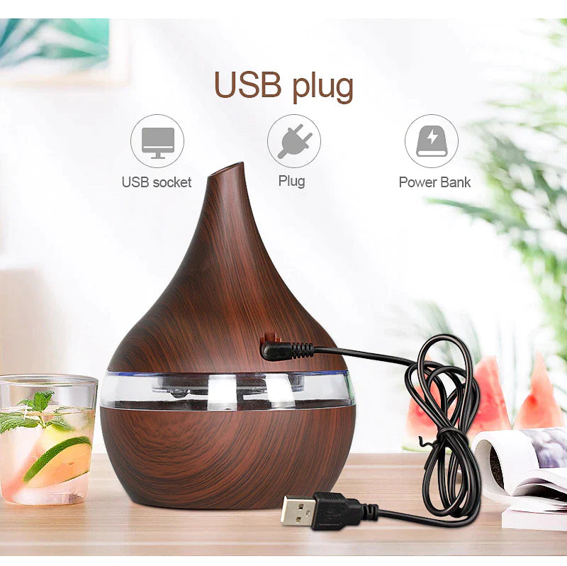 Difuzor Aromaterapie, Umidificator, Lumini LED, Capacitate 300 ml, Cablu USB, Lemn Inchis + 3 Uleiuri CADOU