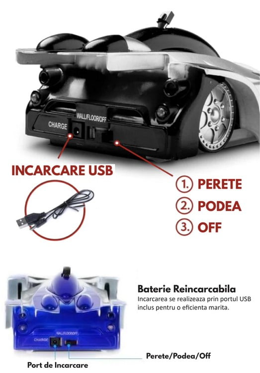 Masinuta Anti-Gravitatie Care Merge Pe Perete, Tavan Si Suprafete Plate, Cu Telecomanda Si Incarcare USB