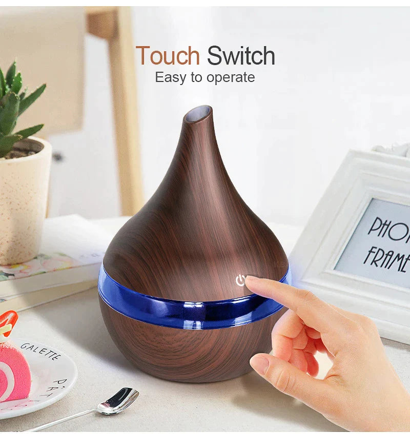 Difuzor Aromaterapie, Umidificator, Lumini LED, Capacitate 300 ml, Cablu USB, Lemn Inchis + 3 Uleiuri CADOU
