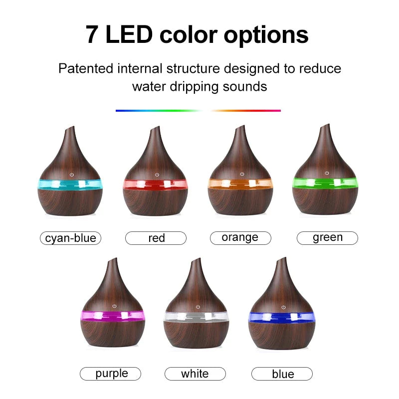 Difuzor Aromaterapie, Umidificator, Lumini LED, Capacitate 300 ml, Cablu USB, Lemn Inchis + 3 Uleiuri CADOU