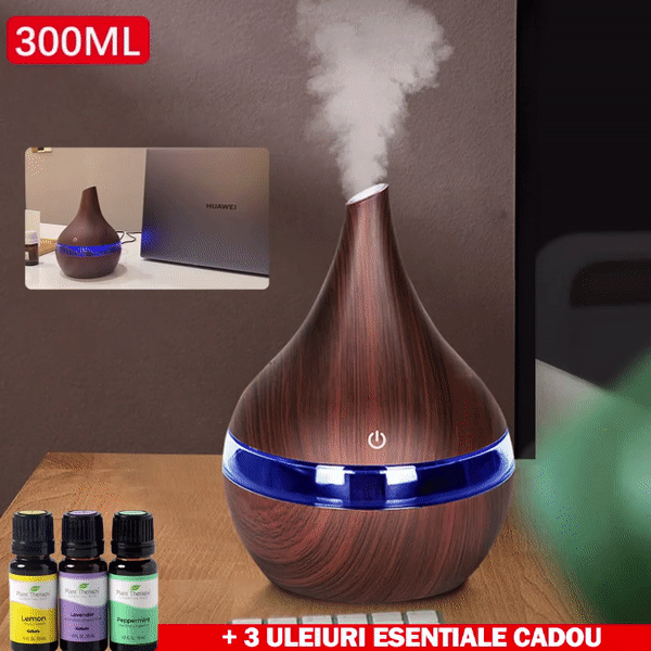 Difuzor Aromaterapie, Umidificator, Lumini LED, Capacitate 300 ml, Cablu USB, Lemn Inchis + 3 Uleiuri CADOU