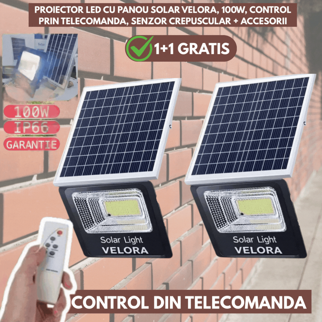 1+1 GRATIS: Proiector LED Cu Panou Solar VELORA, 100W, Control Prin Telecomanda, Senzor Crepuscular + Accesorii+Lampa Solara 100x Led CADOU