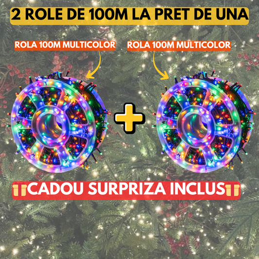 1+1 GRATIS: Instalatie De Craciun, Tip Rola, 100m Cu 1000 LED-uri Mari, Interior sau Exterior, Rezistenta La Vreme Rea, Multicolor, Total 200m Instalatie + Cadou Surpriza