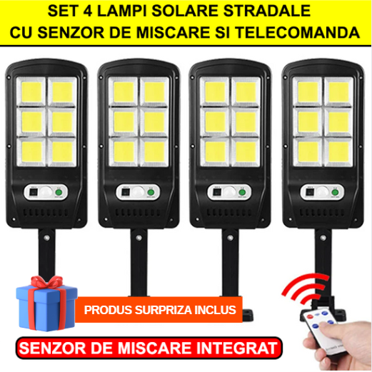Set 4 Lampi Solare ULTRA LED Stradale cu Senzor de Miscare si Telecomanda + Produs Surpriza