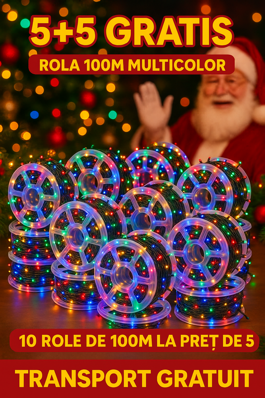 5+5 GRATIS: Instalatie De Craciun, Tip Rola, Cu 1000 LED-uri Mari, Interior sau Exterior, Rezistenta La Vreme Rea, 100 m, Multicolor + Transport GRATUIT