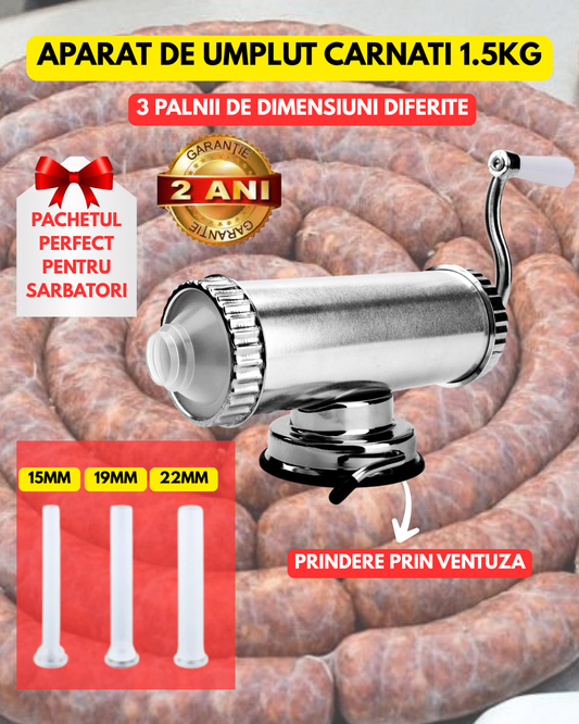 Aparat De Umplut Carnati, Orizontal, 3 Palnii Dimensiuni Diferite, Aluminiu Rezistent, 1.5 Kg Capacitate