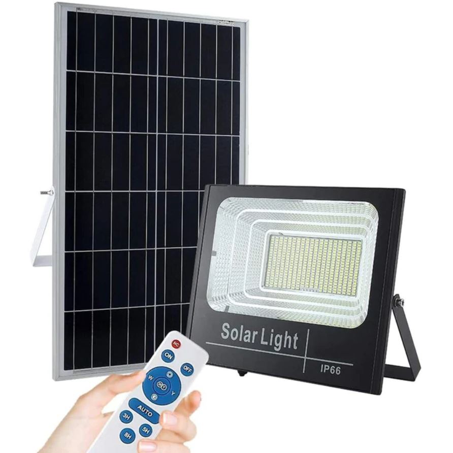 PACHET PROMOTIONAL: Proiector LED Cu Panou Solar VELORA, 100W, Control Prin Telecomanda, Senzor Crepuscular + Accesorii