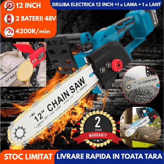 Drujba Electrica, Cu 1 x Lama 31 cm (12 INCH), 1 x Lant, 2 x Acumulator 48 V, Geanta De Transport CADOU