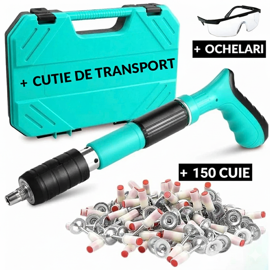 Pistol Manual Pentru Fixarea Cuielor Pe Perete Lungime 30 cm, Calibru 7.3 cm, Pneumatic + Accesorii + Ochelari De Protectie + Cutie Transport + Set 150 Cuie CADOU