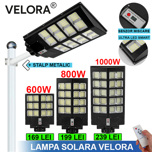 Lampa  Stradal Cu Incarcare Solara VELORA, Panou Solar Integrat,  Putere Mare  + Stalp De Sustinere CADOU + Accesorii+Lampa Solara 100x Led CADOU