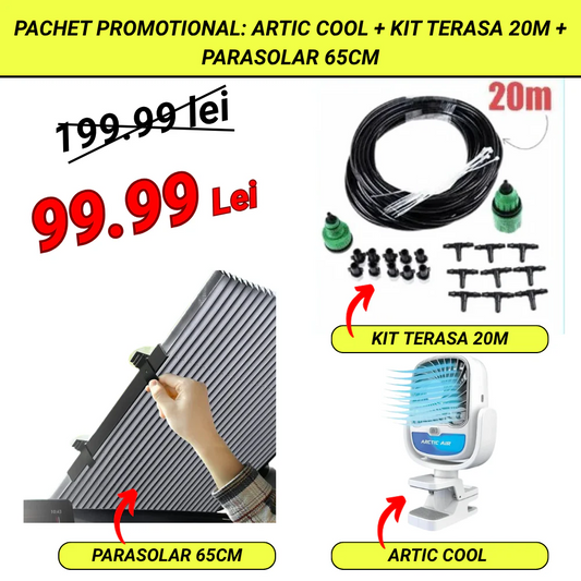 PACHET PROMO: Ventilator Portabil Arctic Cool 360° Cu Apa + Sistem Racire Terasa  Cu Vapori de Apa 20m + Parasolar Auto Tip Acordeon