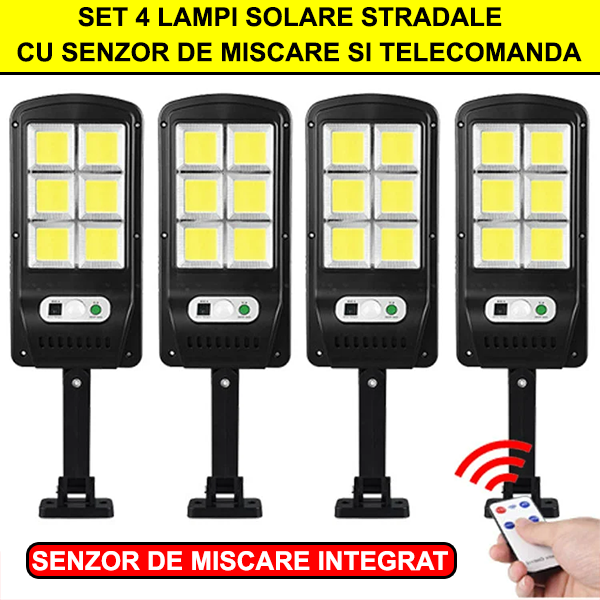 Set 4 Lampi Solare ULTRA LED Stradale cu Senzor de Miscare si Telecomanda