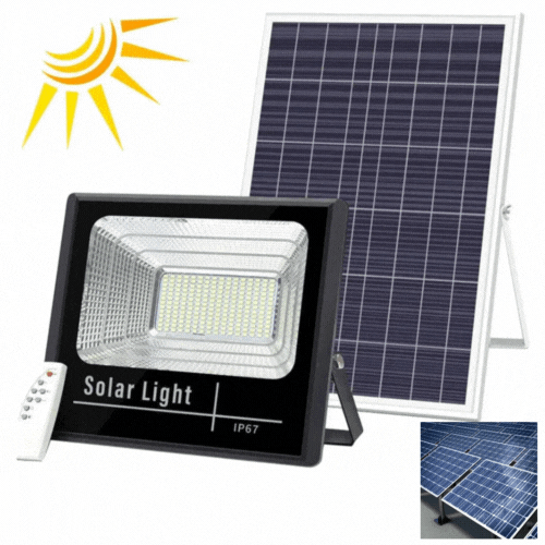 PACHET PROMOTIONAL: Proiector LED Cu Panou Solar VELORA, 100W, Control Prin Telecomanda, Senzor Crepuscular + Accesorii