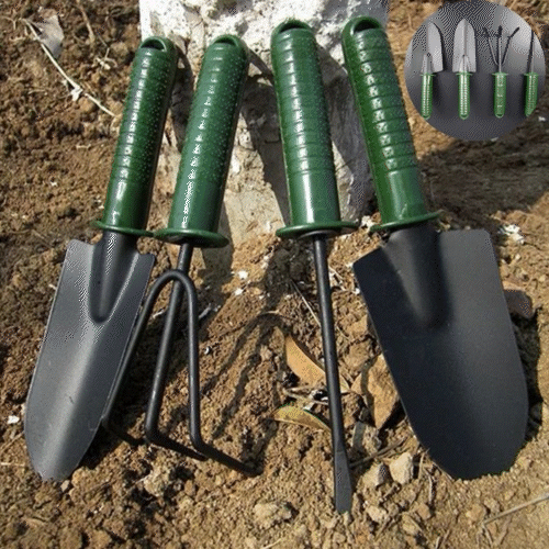 Set De 4 Instrumente Pentru Gradinarit, Doua Mini Lopeti, Un Mini Cultivator Si Un Dispozitiv Pentru Gaurit, Metal