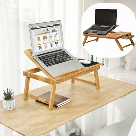 Masa Din Bambus Pentru Laptop, Pliabila, Cu Sertar Si Spatiu Pentru Mouse, Picioare Ajustabile