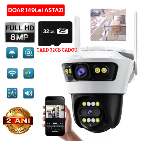 Camera Smart Jortan, Conexiune Wifi, 2 Lentile, Vizualizare Live In Aplicatie, Interior/Exterior, IP66 Protectie + CARD 32GB CADOU