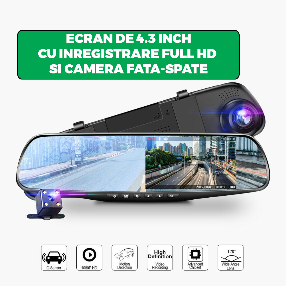Oglinda Retrovizoare Cu Camera Video Fata-Spate Full HD Cu G-Senzor Si Ecran 4.3 Inch