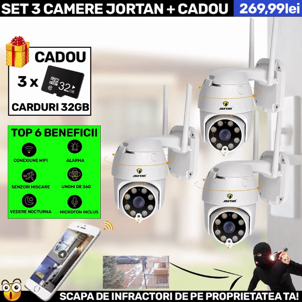 SET 3 X Camera Smart Color Jortan Wifi, IP Vizualizare Live Prin Aplicatie, Senzor de Miscare + 3 CARDURI CADOU