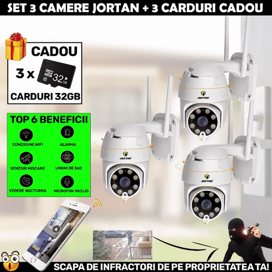 LICHIDARE DE STOC: SET 3 X Camera Smart Color Jortan Surveillance3® Wifi, IP Vizualizare Live Prin Aplicatie, Senzor de Miscare + 3 CARDURI CADOU, CW3.3