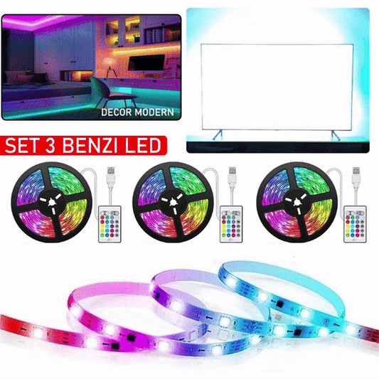 Set 3 x Banda LED Multicolora, Cu Telecomanda Si Transformator, 300 LED, 15 m Lungime