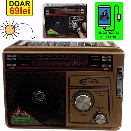 Radio Portabil Cu Incarcare Solara Sau La Retea, Lanterna, MP3 Player, Functie Power Bank