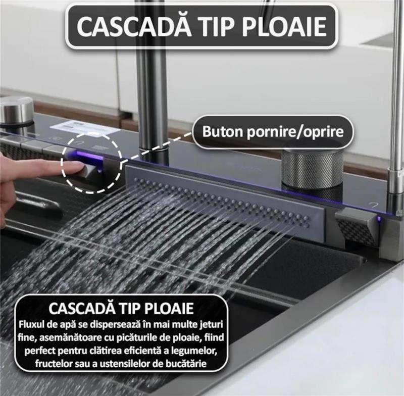 Chiuveta Premium 14 In 1 Cu Display Digital, Lumina Ambientala, Rola De Apa, Cascada, Baterie Extensibila Cu 3 Functii, Dozator De Detergent, Spalator De Pahare, Tocator, Din Otel Inoxidabil Anti-Zgarieturi