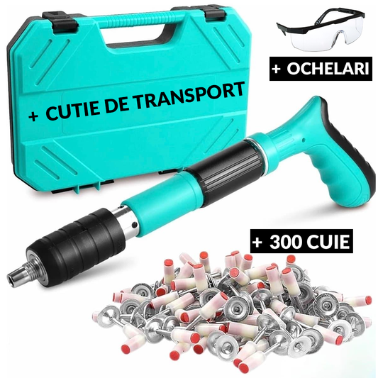 Pistol Manual Pentru Fixarea Cuielor Pe Perete Lungime 30 cm, Calibru 7.3 cm, Pneumatic + Accesorii + Ochelari De Protectie + Cutie Transport + Set 300 Cuie CADOU