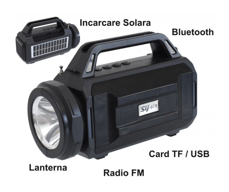 Radio FM Cu Incarcare Solara si la Retea, Conexiune Bluetooth, Lanterna si Suport Telefon Integrate + Cablu Antifurt Bicicleta CADOU