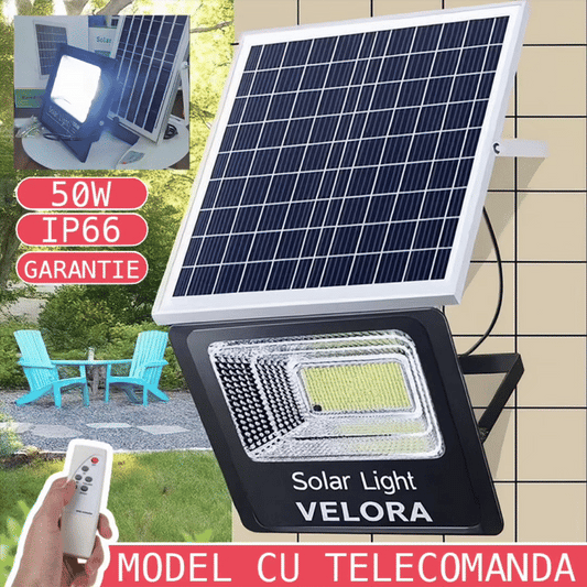 1+1 GRATIS: Proiector LED cu Panou Solar VELORA , 50W, Control Prin Telecomanda, Senzor Crepuscular + Accesorii+ Lampa Solara 100x Led CADOU