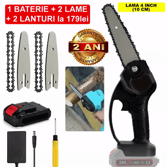 Pachet PROMO: Mini Fierastrau Electric Cu Acumulator 24V,  1x Baterie + 2x Lant + 2x Lama, 4 Inch + CADOU pila 25cm
